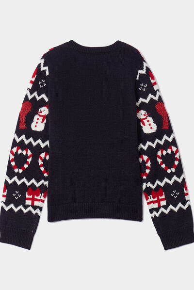 Pull de Noël col rond manches longues bleu marine fille