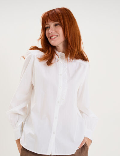 Blouse col montant &agrave; volants coton blanc femme