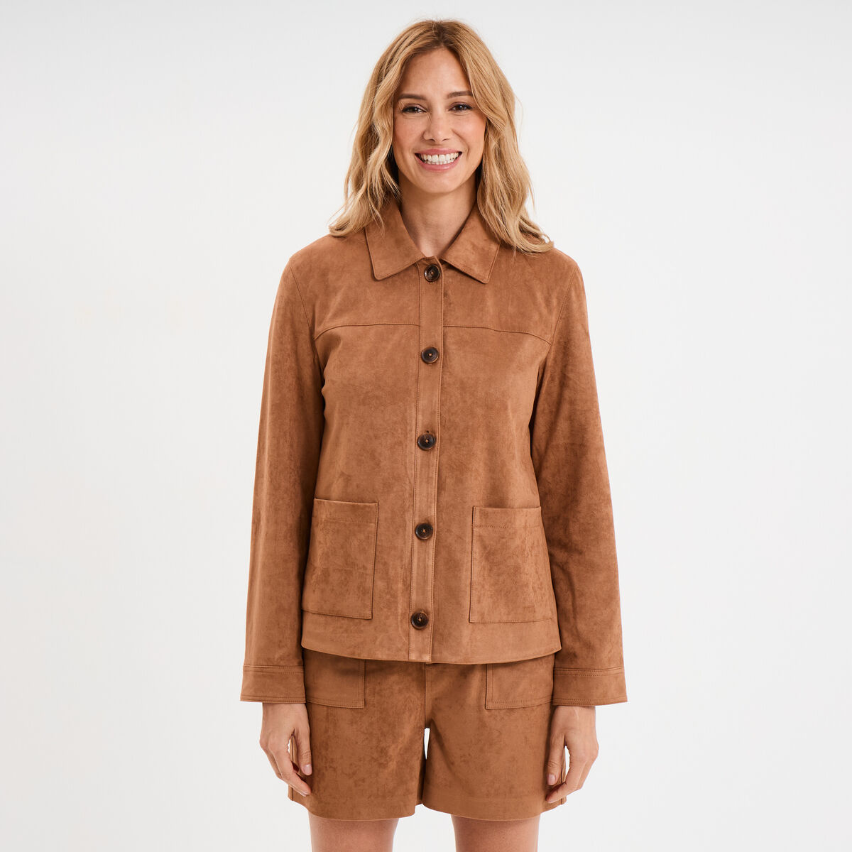 Surchemise boutonnée effet suédine marron clair femme