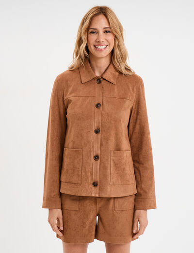Surchemise boutonnée effet suédine marron clair femme