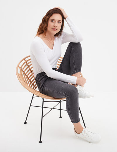 T-shirt manches longues col en V coton blanc femme