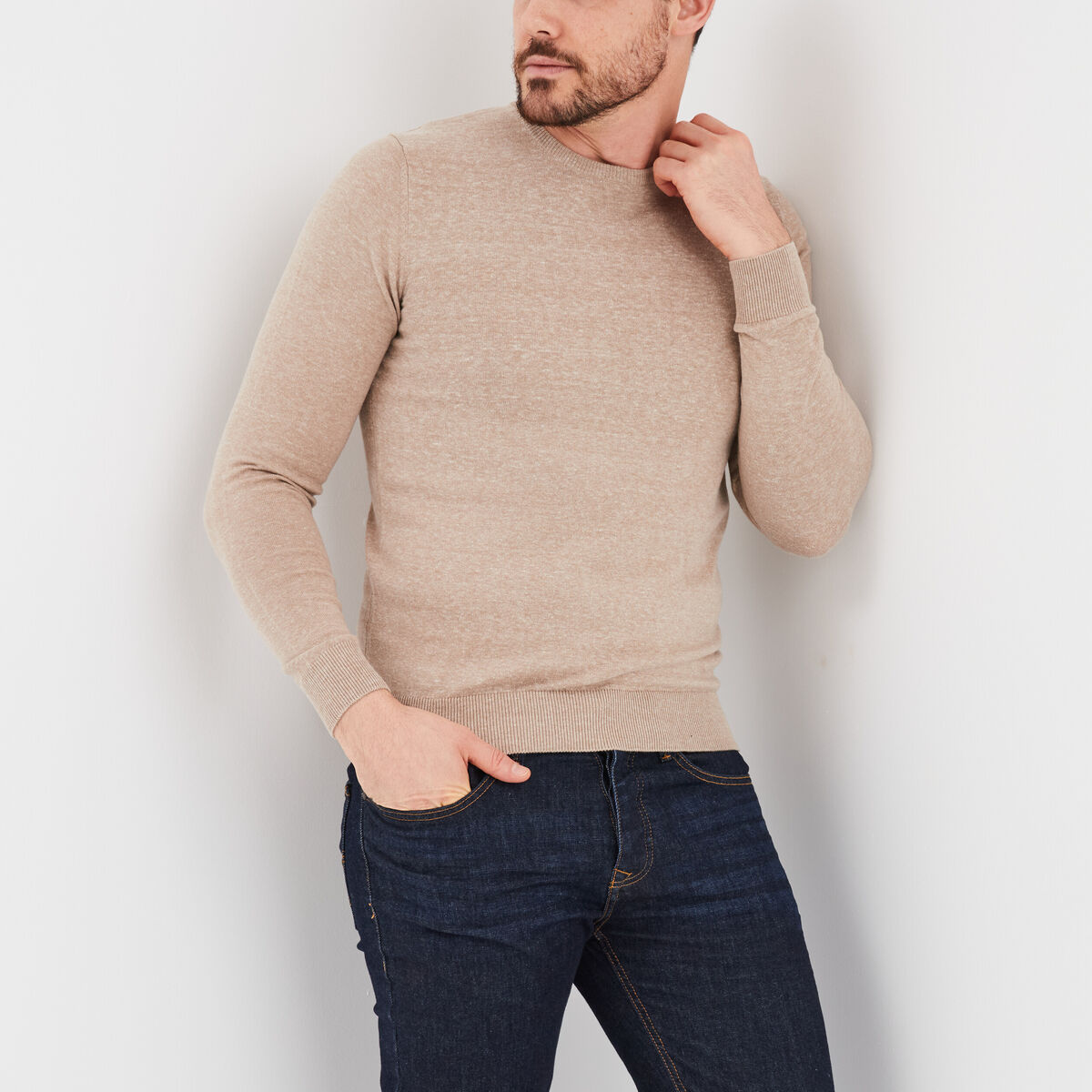 Pull droit col rond coton m&eacute;lang&eacute; beige homme