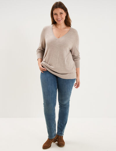 Pull fin col en V manches longues beige femme grande taille