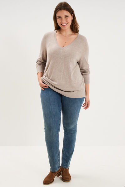 Pull fin col en V manches longues beige femme grande taille