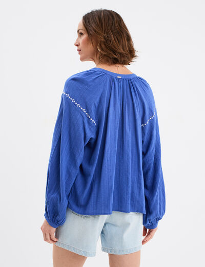 Blouse brodée manches longues coton bleu roi femme