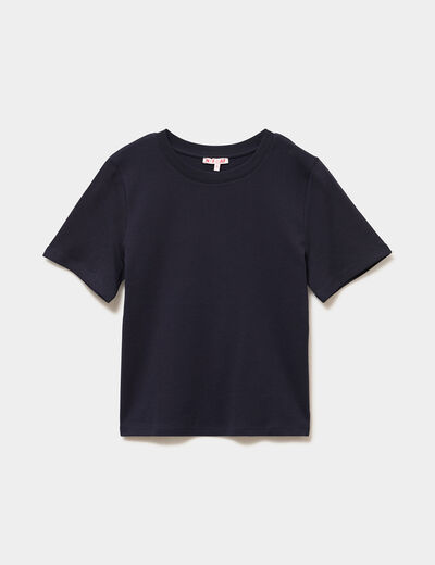 T-shirt manches courtes col rond coton bleu fonc&eacute; femme