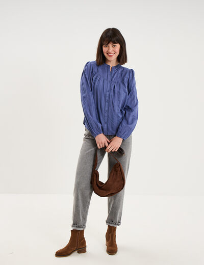 Blouse droite col tunisien coton bleu gris femme