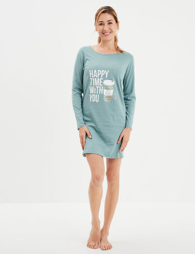 Chemise de nuit manches longues coton bleu gris femme