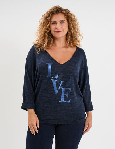 Pull manches 3/4 chauve-souris col V bleu marine femme grande taille