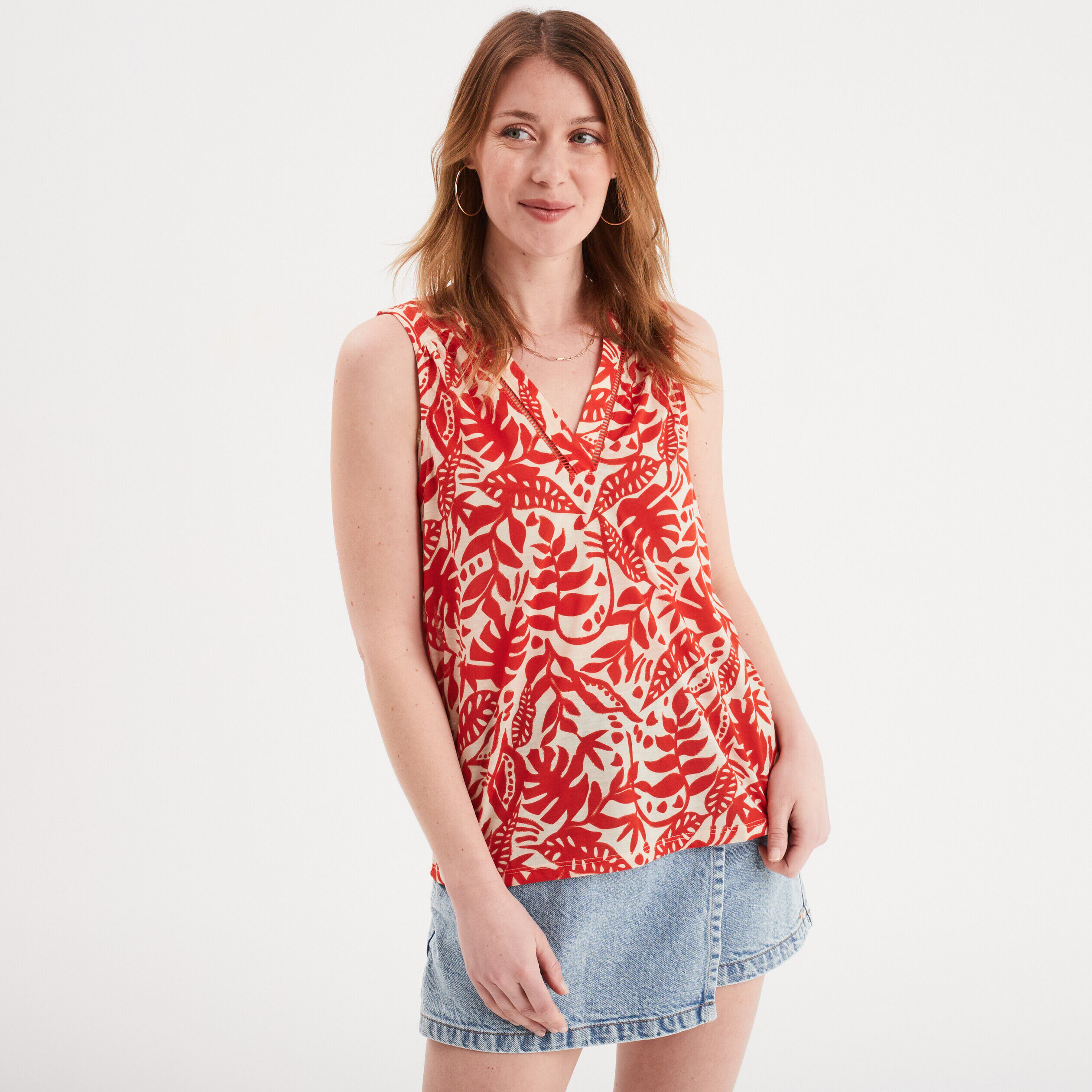 Débardeur col en V sans manches rouge femme LH