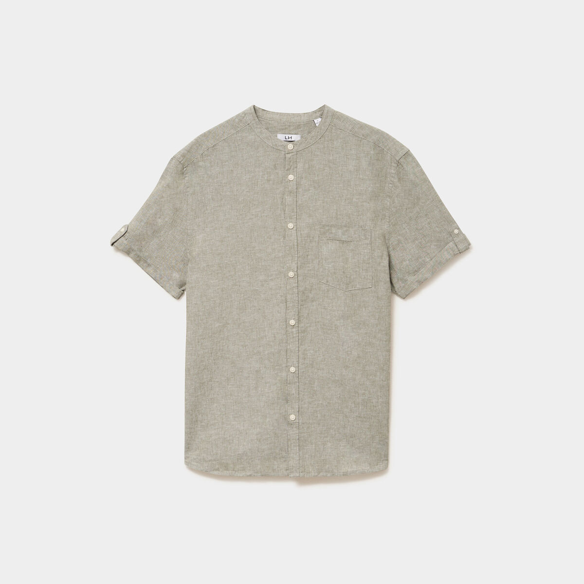 Chemise col mao lin m&eacute;lang&eacute; vert kaki homme