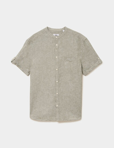 Chemise col mao lin m&eacute;lang&eacute; vert kaki homme