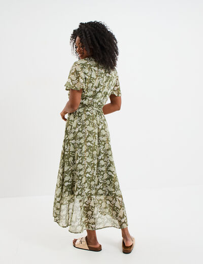 Robe longue évasée col cache-coeur vert kaki femme