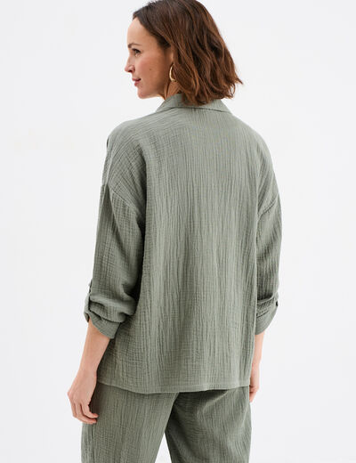 Chemise manches longues en gaze de coton vert kaki femme