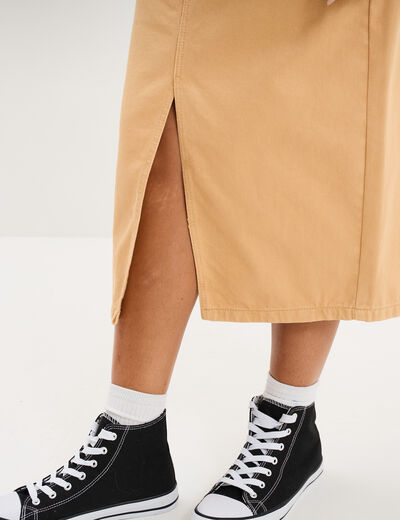 Jupe en jean longue fendue droite beige femme