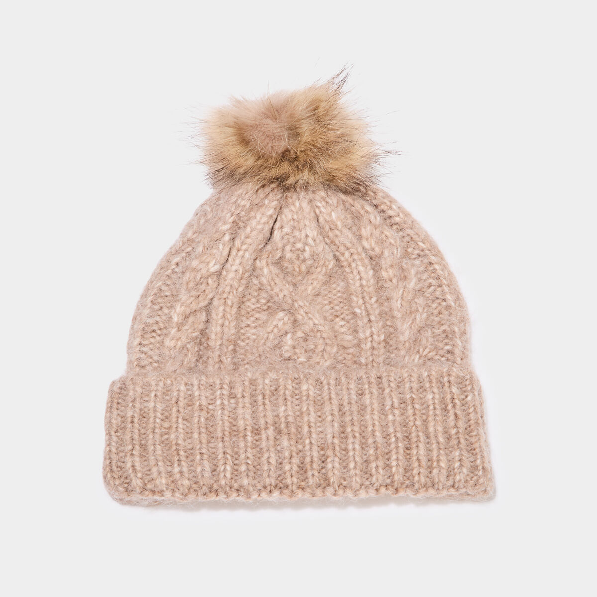 Bonnet &agrave; torsades et pompon taupe femme