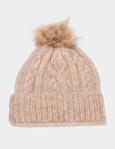 Bonnet &agrave; torsades et pompon taupe femme