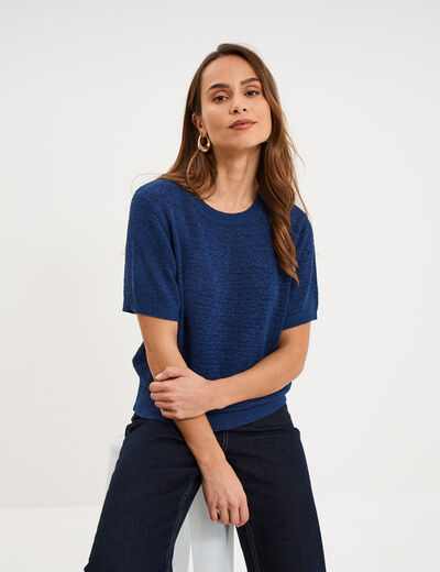 Pull manches courtes col rond bleu marine femme
