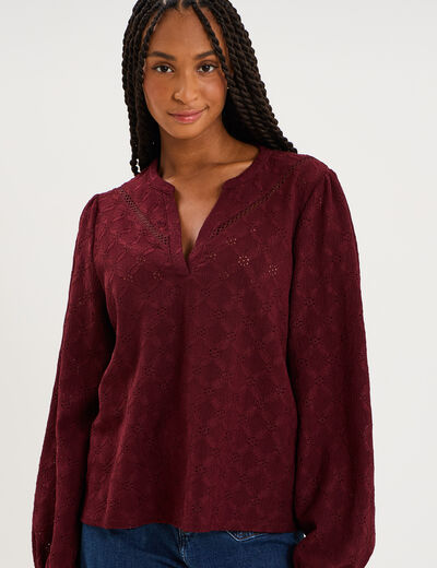 Blouse broderie anglaise col tunisien violet fonc&eacute; femme