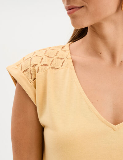 T-shirt col en V dentelle épaules et dos jaune clair femme
