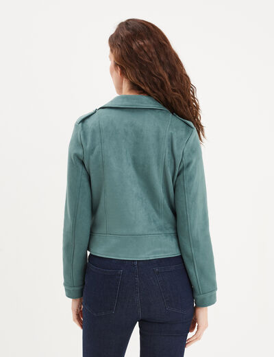 Veste courte esprit biker effet suédine vert foncé femme