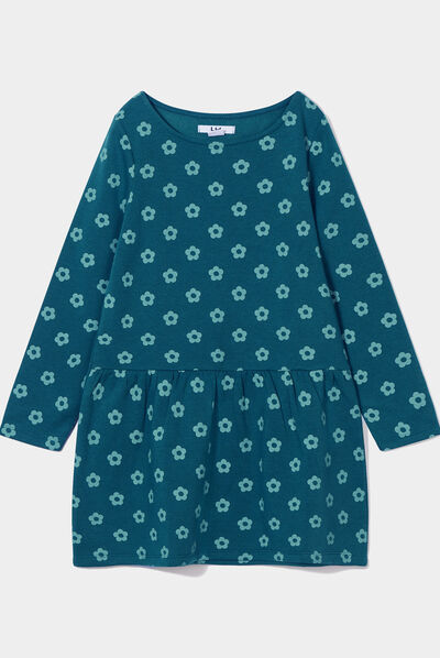 Robe molleton volantée manches longues vert foncé fille