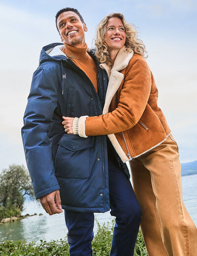 Parka mi-longue doublée à capuche bleu foncé homme
