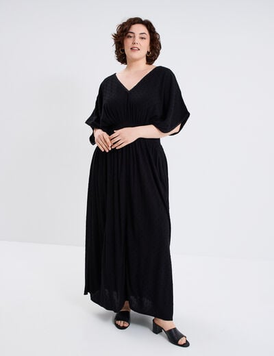 Robe longue en plumetis taille smockée noir femme grande taille