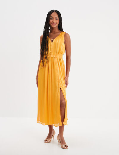 Robe longue fluide col détail bijou jaune foncé femme