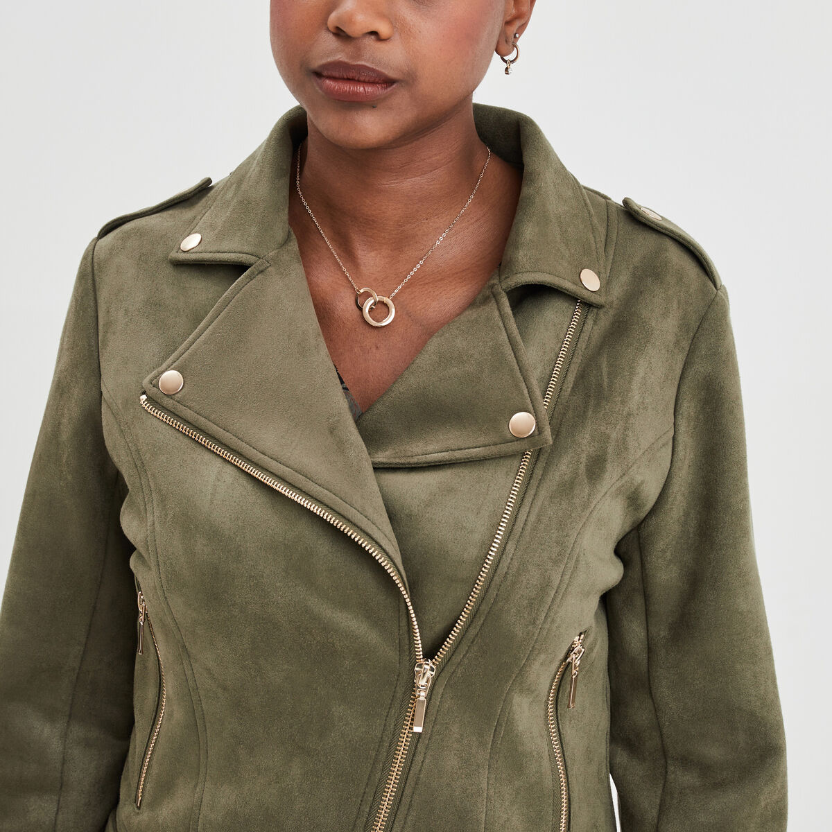 Veste courte esprit biker effet suédine vert kaki femme