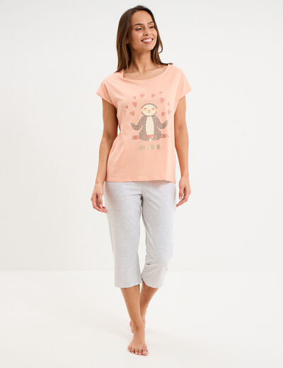 Ensemble pyjama t-shirt et corsaire rose clair femme
