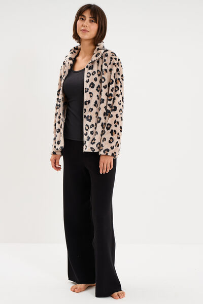 Veste de pyjama effet polaire zipp&eacute;e beige femme