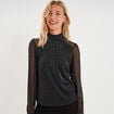 T-shirt fil m&eacute;tallis&eacute; col montant noir femme