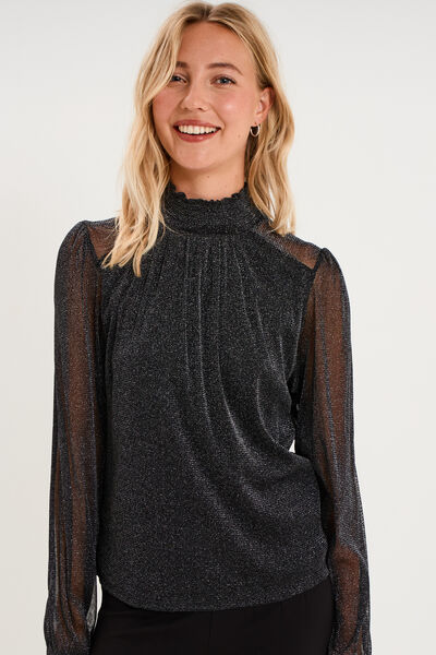T-shirt fil m&eacute;tallis&eacute; col montant noir femme