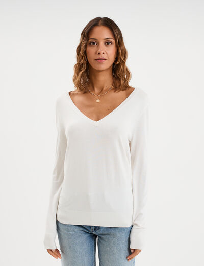 Pull col en V manches longues blanc femme