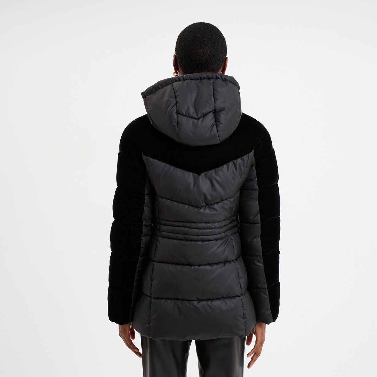 Doudoune bi-mati&egrave;re effet velours noir femme