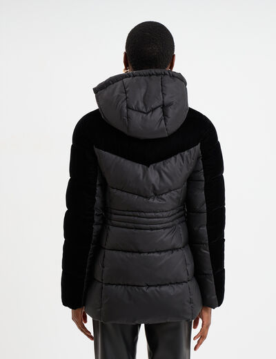 Doudoune bi-mati&egrave;re effet velours noir femme