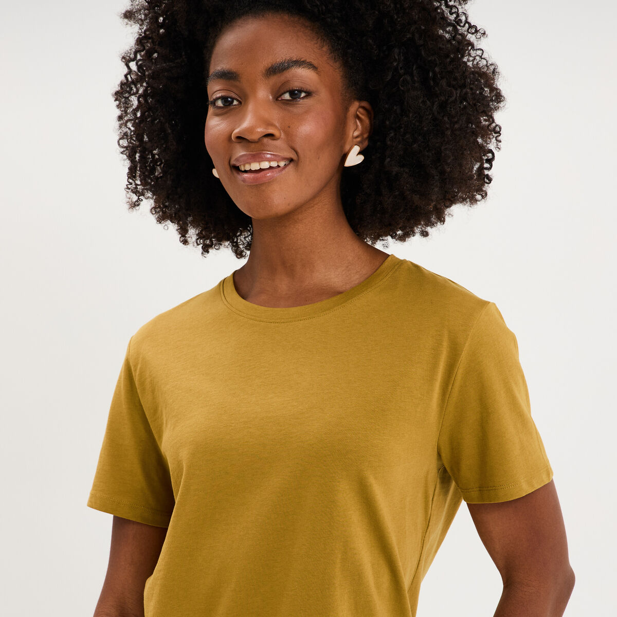 T-shirt col rond manches courtes coton vert olive femme