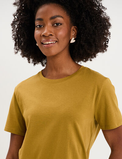 T-shirt col rond manches courtes coton vert olive femme