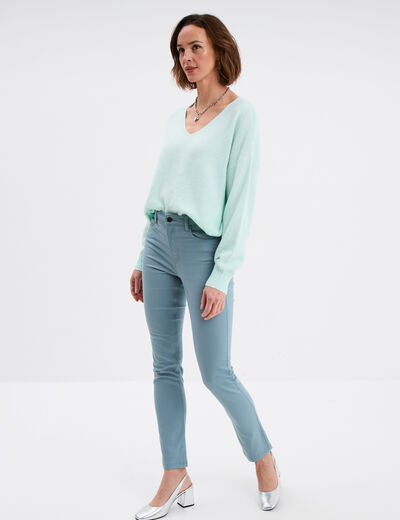 Pull col en V manches longues bleu turquoise femme