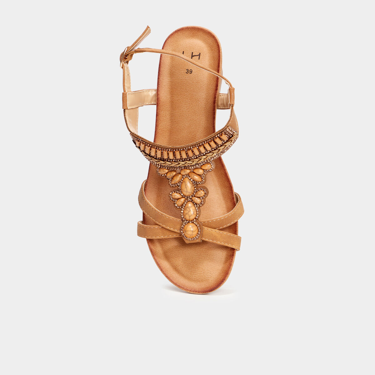 Sandales compens&eacute;es d&eacute;tails bijoux marron femme