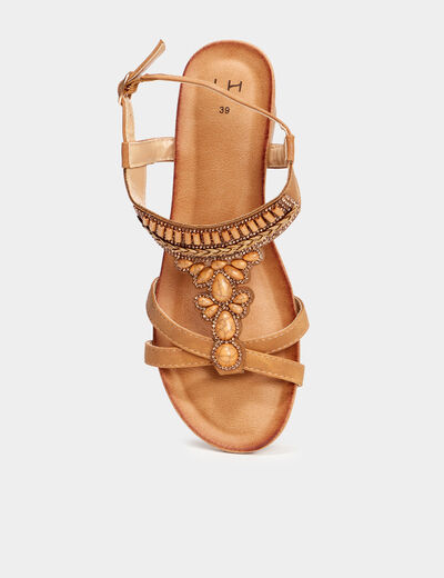 Sandales compens&eacute;es d&eacute;tails bijoux marron femme