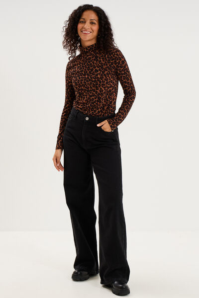 T-shirt col roul&eacute; manches longues marron femme