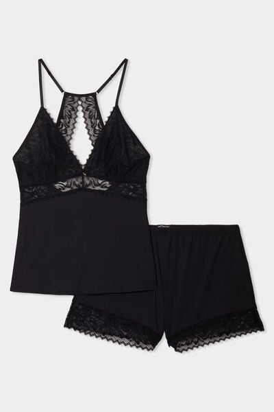 Ensemble pyjama short dentelle 2 pi&egrave;ces noir femme