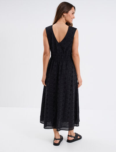 Robe longue broderie anglaise coton noir femme