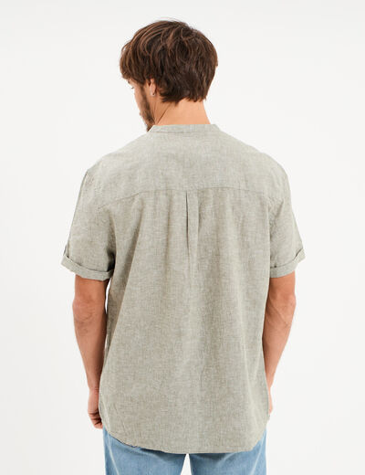 Chemise col mao lin m&eacute;lang&eacute; vert kaki homme