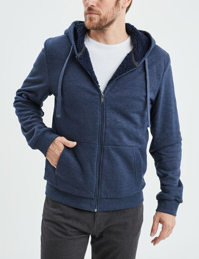Sweat zippé doublure effet sherpa bleu marine homme