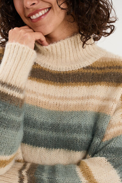 Pull col montant manches longues vert olive femme