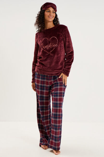 Ensemble pyjama effet polaire 3 pi&egrave;ces bordeaux femme
