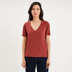 T-shirt fluide col en V manches courtes rouge fonc&eacute; femme